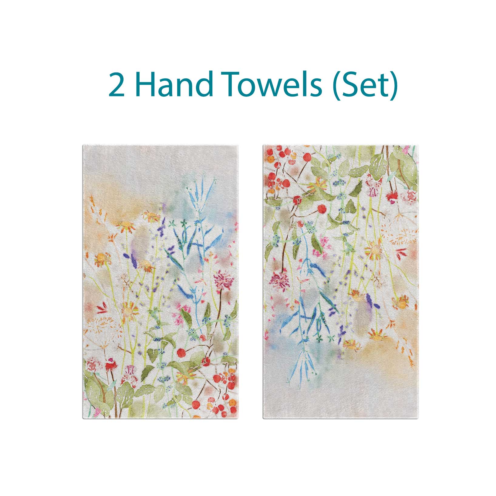 Colorful wildflower floral patterned hand towel set with velour front and cotton terry back.