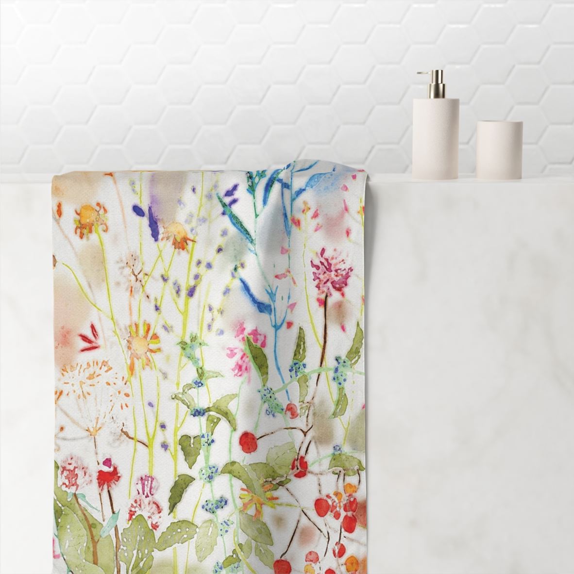 Colorful wildflower floral patterned hand towel with velour front and cotton terry back.