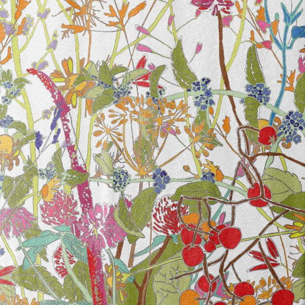 Close-up view of the vibrant colorful wildflower floral artwork patterned on the towel's velour front.