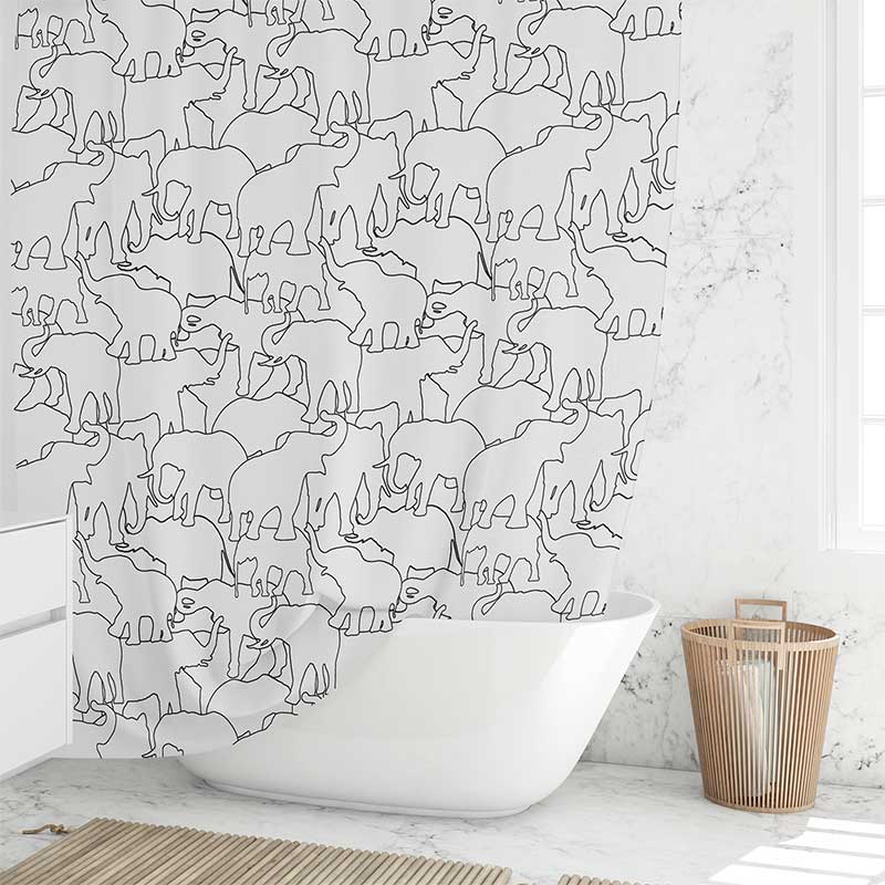 Modern And Fun Black And White Elephant Shower Curtain For Kids Bathroom