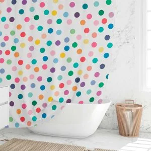 Kids bathroom with fun shower curtain in bright playful design
