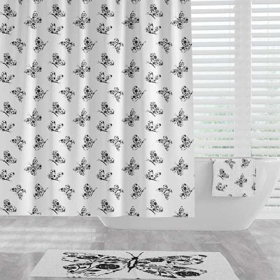 Black And White Kids Shower Curtain Set For Kids Bathroom With Mathcing BAth Mat