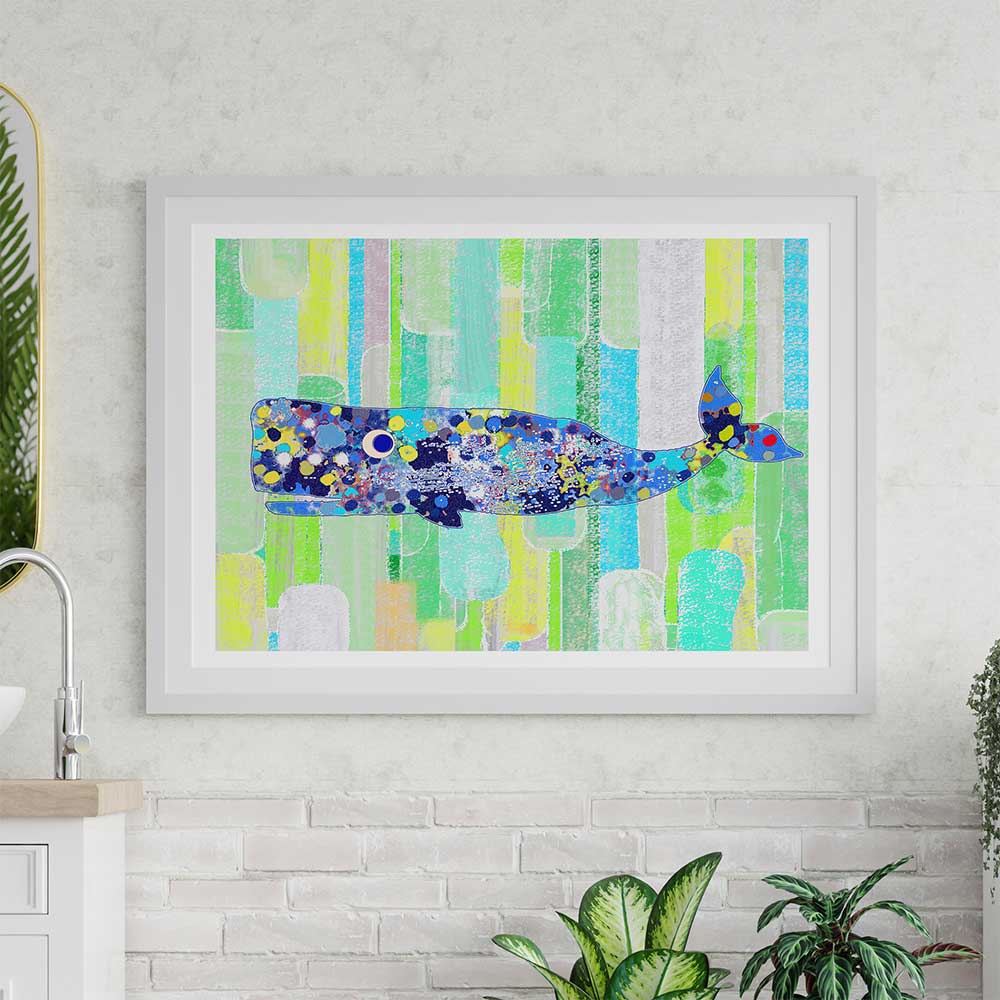 Modern abstract blue whale kids bathroom art print on premium museum-grade paper