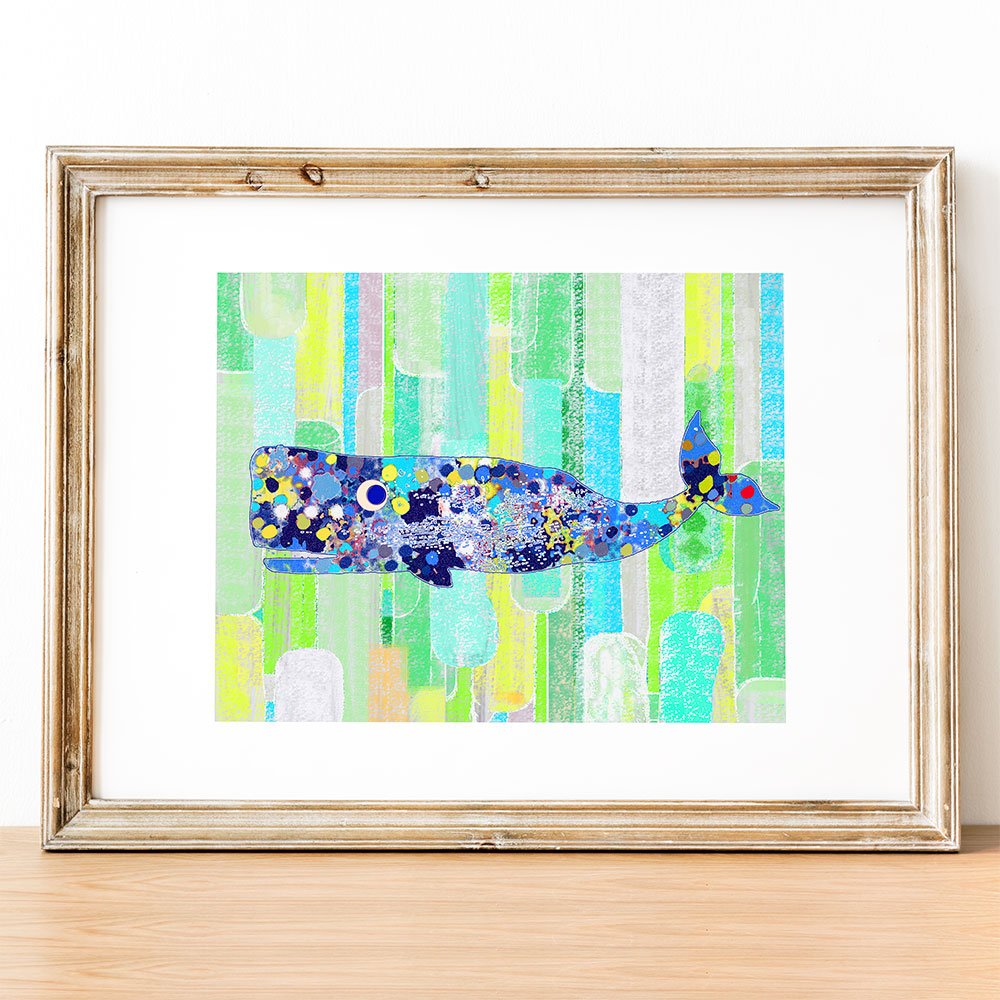 green and blue kids bathroom whale art print