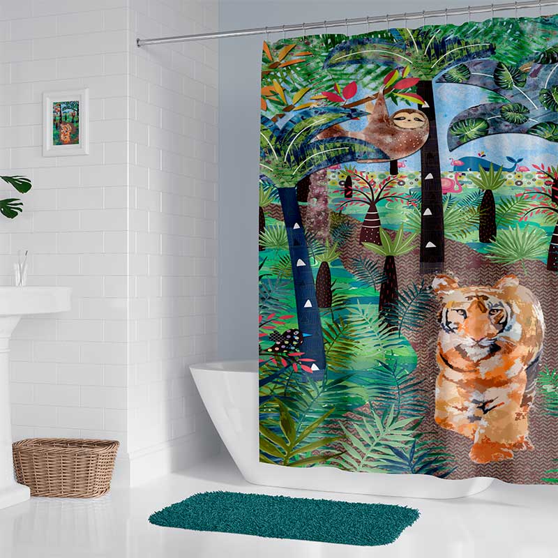 Green, Brown, Orange And Blue Tropical Jungle Shower Curtain With Washable FAbric and No Liner Reuired