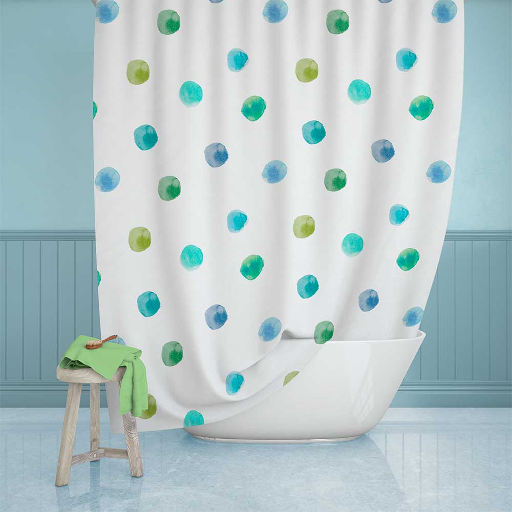 Extra Long 72" x 96" Blue And Green Watercolor Polka Dots For Little Boys Bathroom Decor