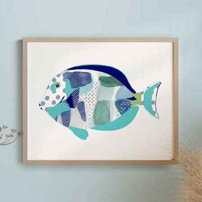 Kids blue fish bathroom art print on premium museum-grade fine art paper