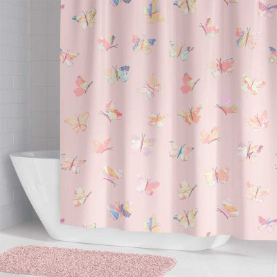 72 x 72 Pink Butterfly Shower Curtain With Water Repellent Fabric And Hooks Included For Girls Bathroom Decor