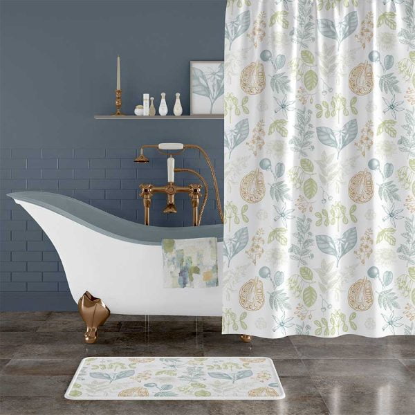 Extra Long Shower Curtain With Botanical Print In Blue Green and Ochre Colors