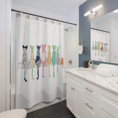 PREMIUM OzscapeDesigns Luxury White Fabric Shower Curtain With Cute Cats - Mold & Mildew Resistant - 71x74 inches - Artist Designed