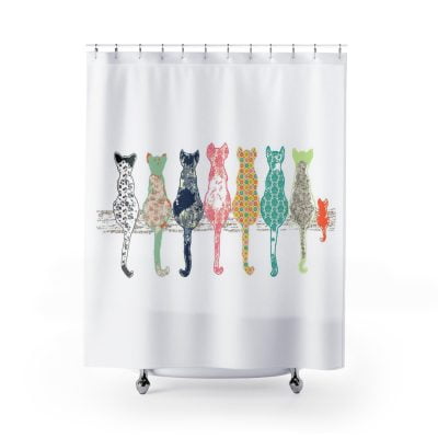 PREMIUM OzscapeDesigns Luxury White Fabric Shower Curtain With Cute Cats - Mold & Mildew Resistant - 71x74 inches - Artist Designed