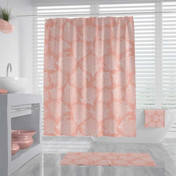 Coastal Coral Pink Fabric Shower Curtain 600x600