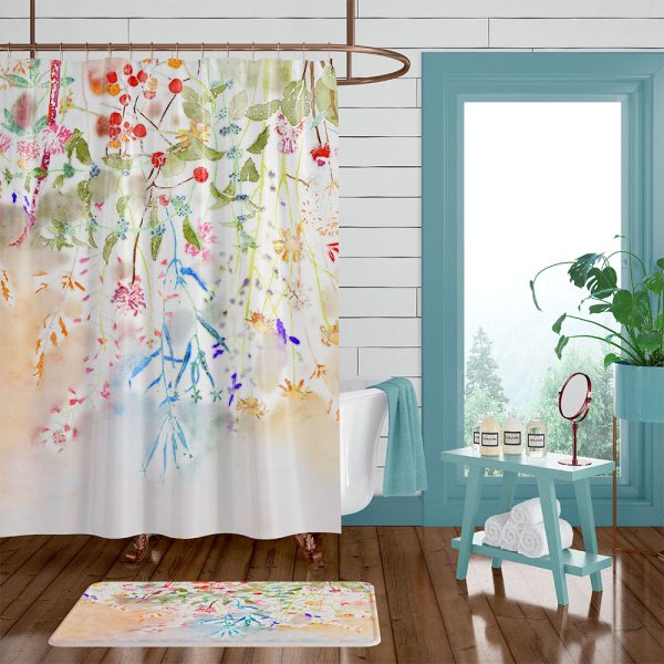 Bathroom setting with watercolor wildflower fabric shower curtain.