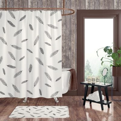 72 x 72 Black And White Boho Chic Shower Curtain With Feather Print - Contemporary Fabric Shower Curtain With Shower Rings And Hooks Included