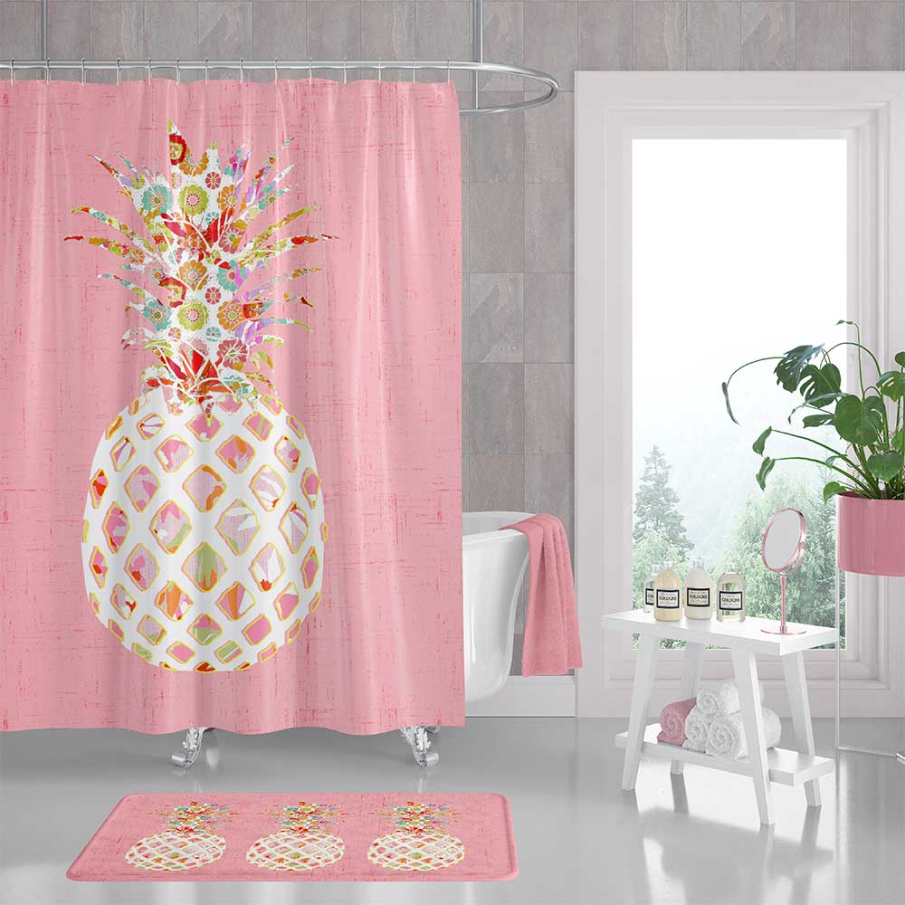 72 x 72 Pink Shower Curtain With Tropical Pineapple Print For A Beach House Bathroom Vibe - A Fun, Colorful Bathroom Set With Matching Bath Mat And Bath Towels - Image 6