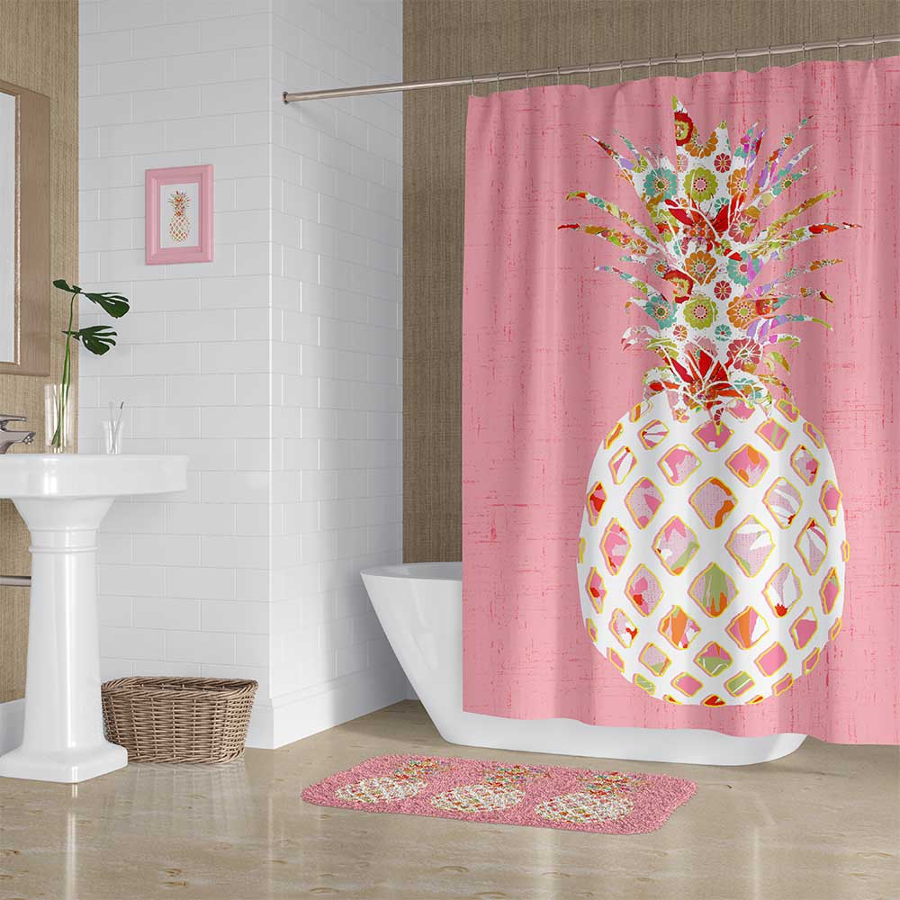 72 x 72 Pink Shower Curtain With Tropical Pineapple Print For A Beach House Bathroom Vibe - A Fun, Colorful Bathroom Set With Matching Bath Mat And Bath Towels - Image 5