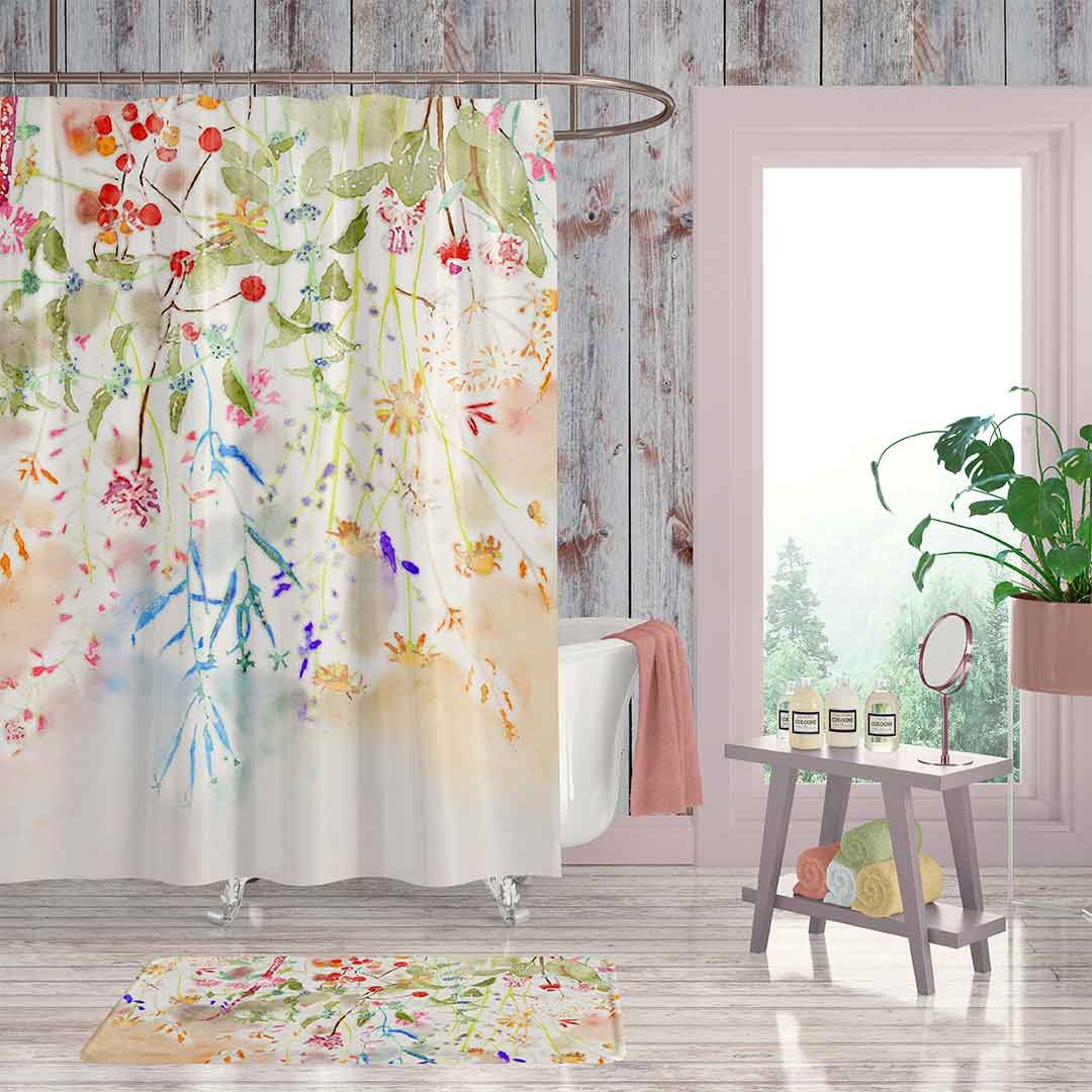 Bathroom setting with watercolor wildflower fabric shower curtain.