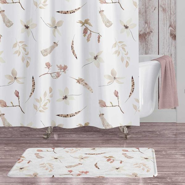 White Boho Floral Fabric Shower Curtain With Feathers 600x600