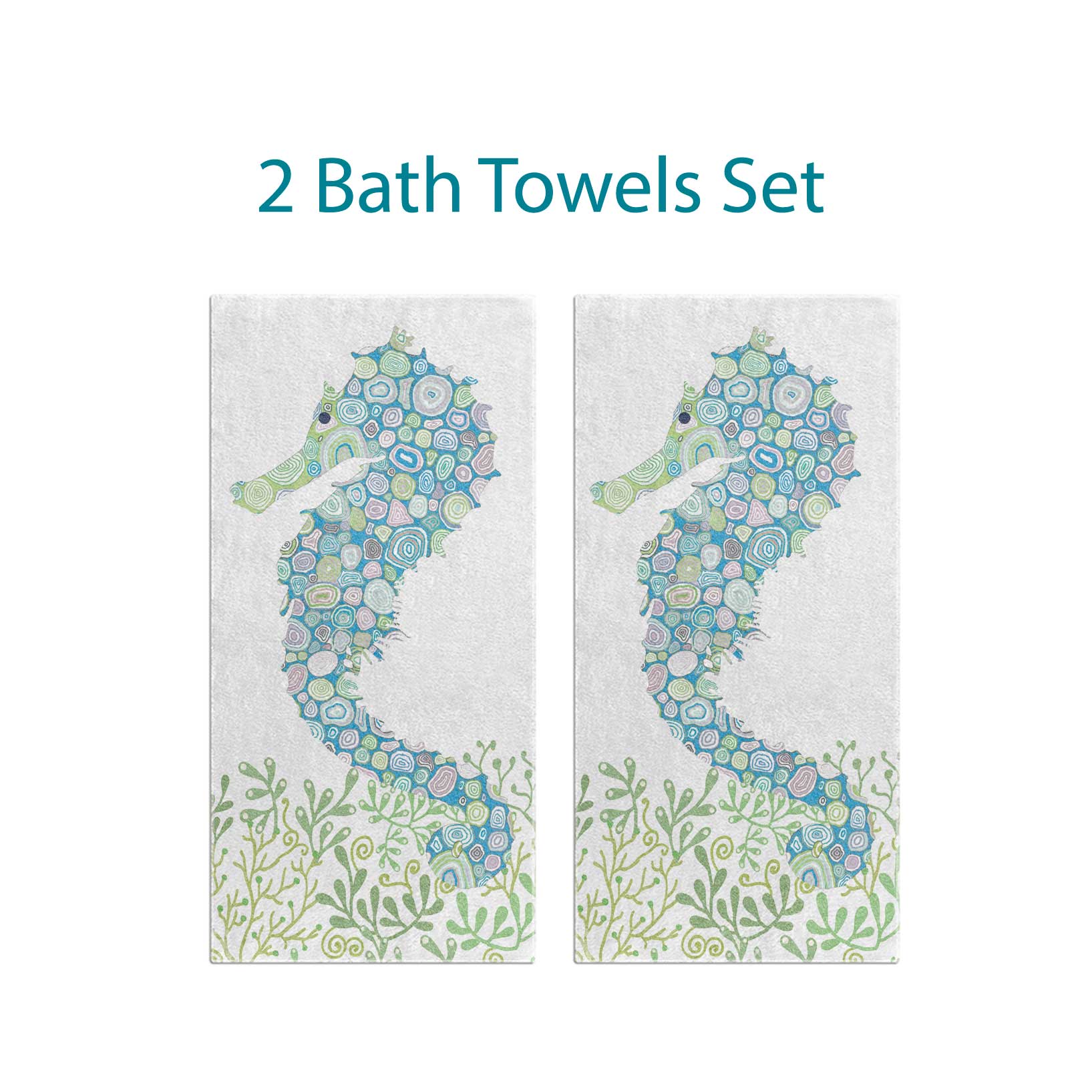 2 Bath Towels Set with blue and green ocean seahorse pattern for kids bathroom