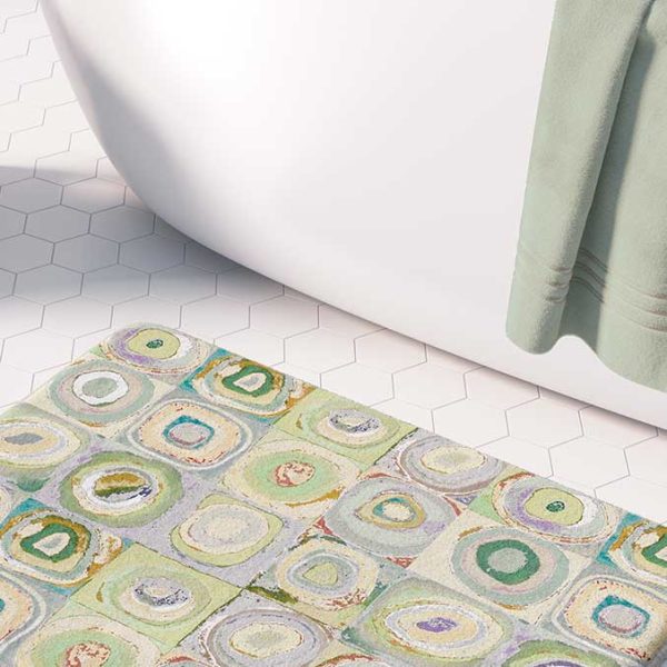 Artist-designed microfiber bath mat featuring Kandinsky geometric abstract pattern