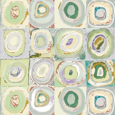 Detail view of abstract green geometric printed bath curtain