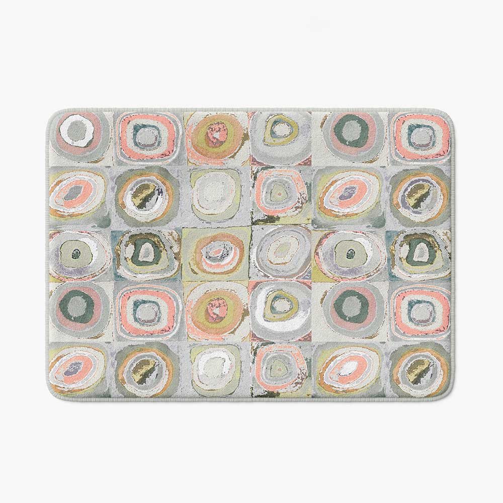 Artist-designed microfiber bath mat featuring Kandinsky geometric abstract pattern