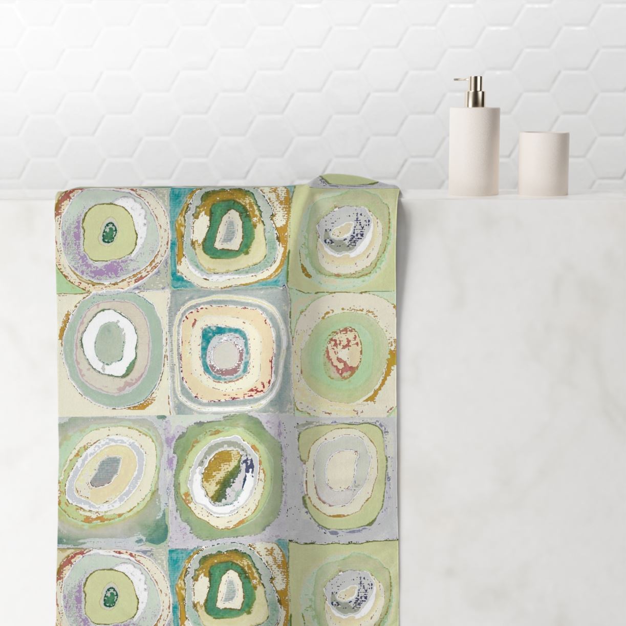 Green, yellow, and gray artistic abstract patterned hand towel.