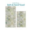 Green, yellow, and gray artistic abstract patterned hand and bath towel set.