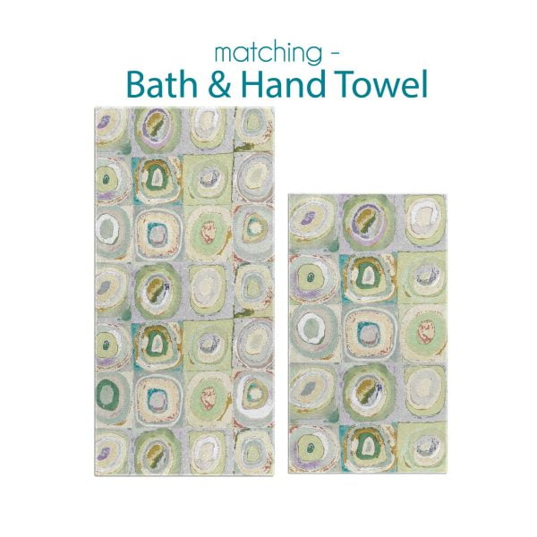 Green, yellow, and gray artistic abstract patterned hand and bath towel set.