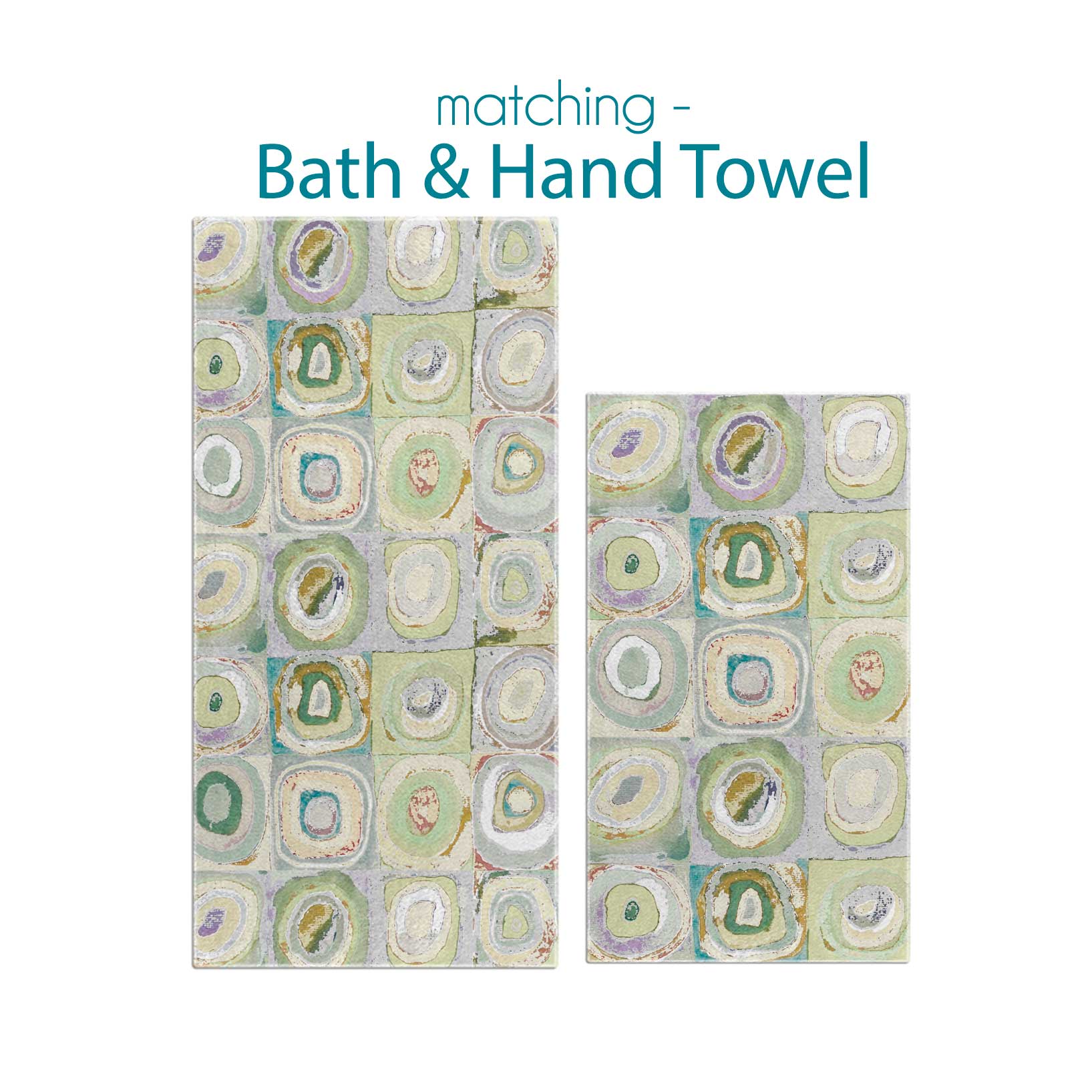 Green, yellow, and gray artistic abstract patterned hand and bath towel set.