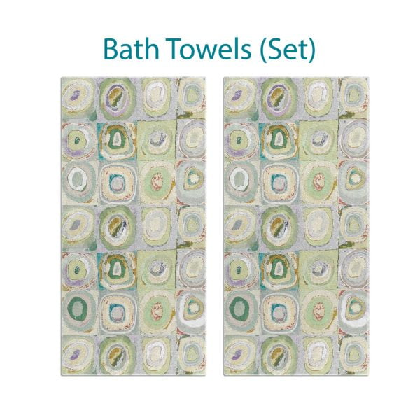 Green, yellow, and gray artistic abstract patterned bath towel set.