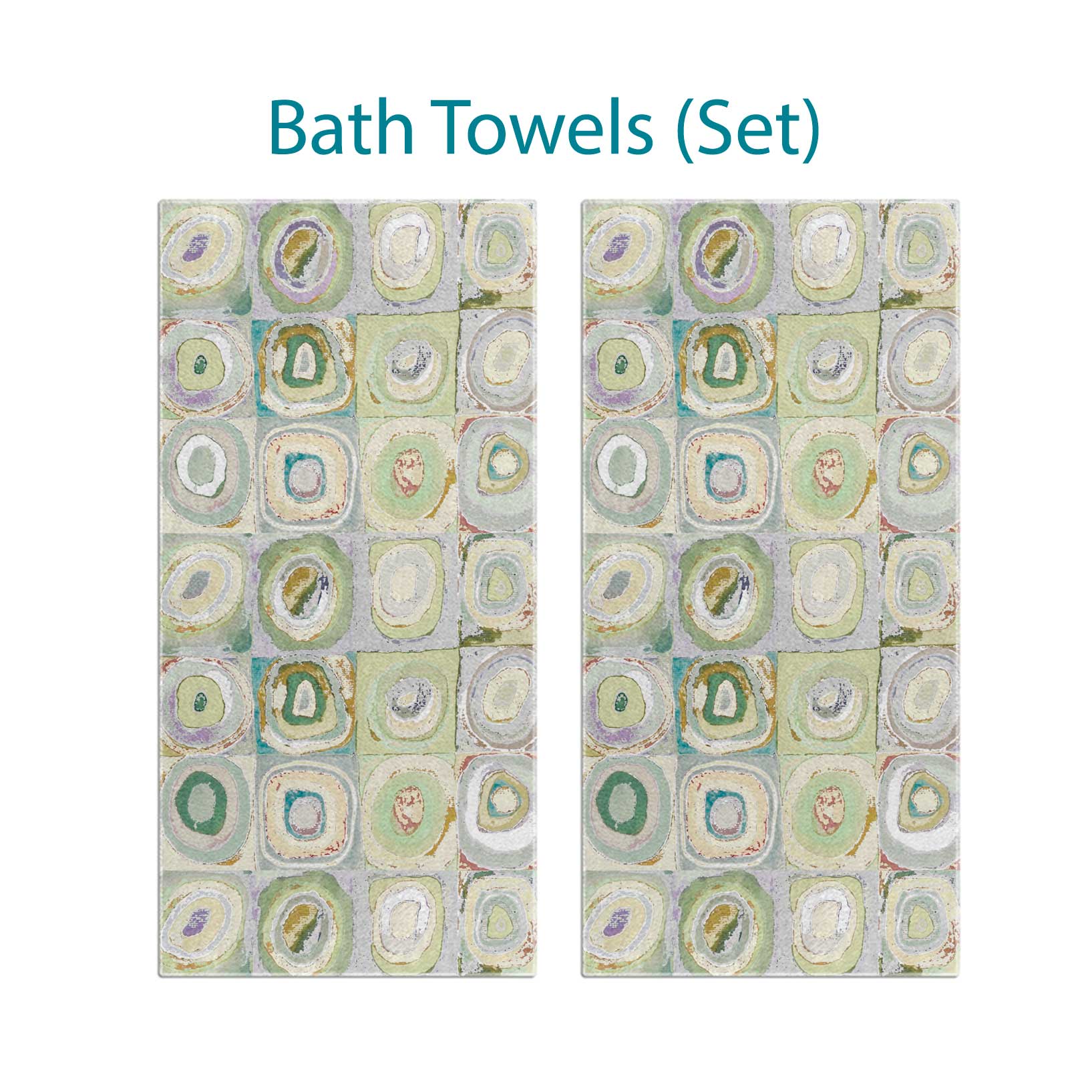 Green, yellow, and gray artistic abstract patterned bath towel set.