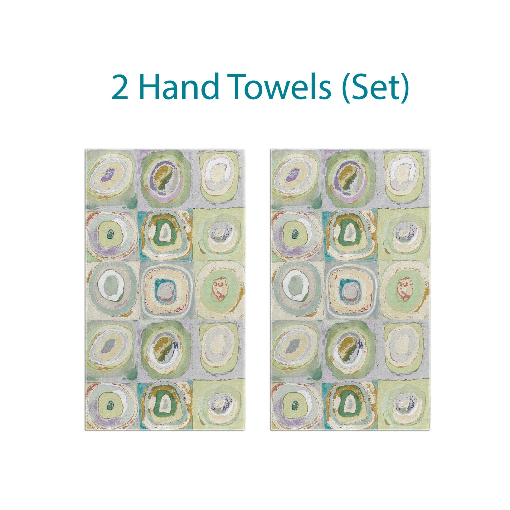 Green, yellow, and gray artistic abstract patterned hand towel set.