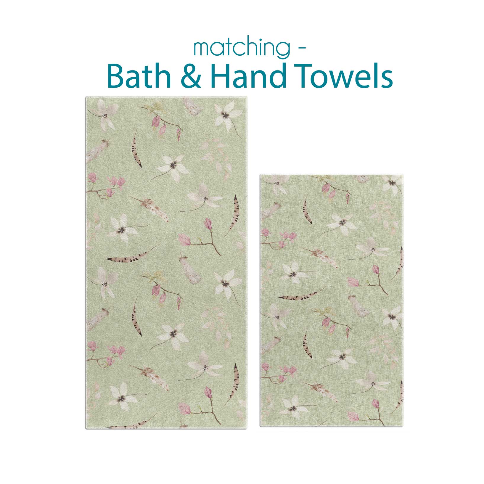 Bath and hand towel set with gorgeous sage green boho floral pressed flower pattern.