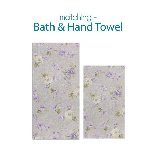 Gray Bath And Hand Towel With Shabby Chic Style lavender Purple Blurred Rose Floral Pattern