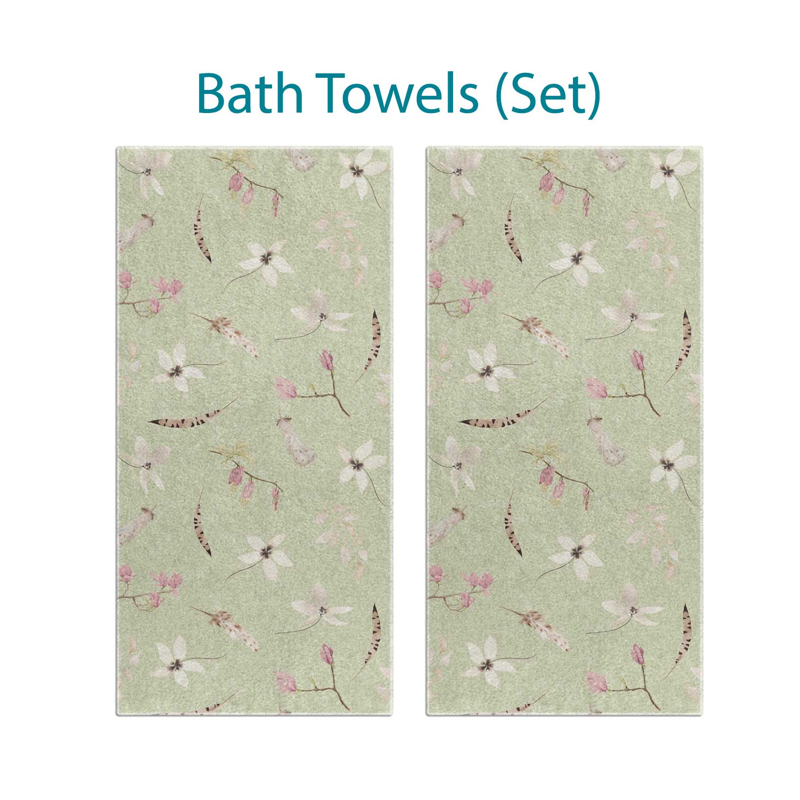 Two bath towels set with gorgeous sage green boho floral pressed flower pattern.