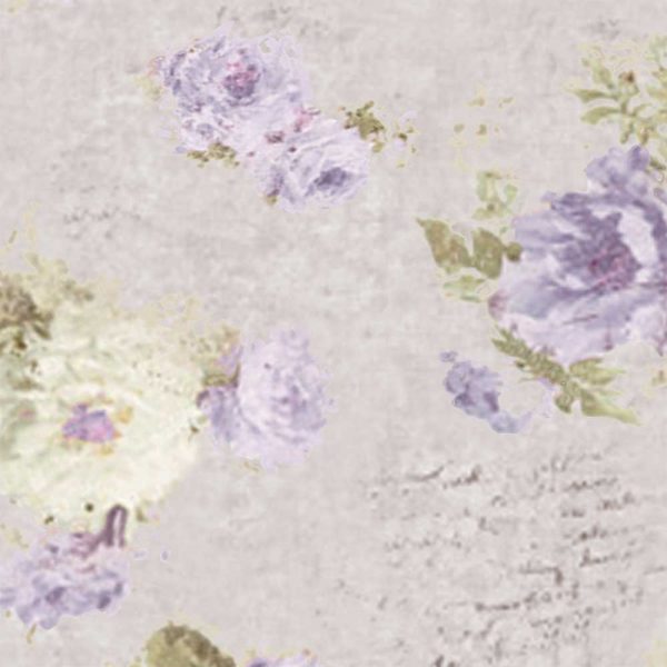 Detail view of gray and lavender lilac floral pattern on towels