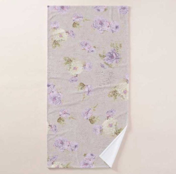 Gray Bath Towel With Shabby Chic Style lavender Purple Blurred Rose Floral Pattern