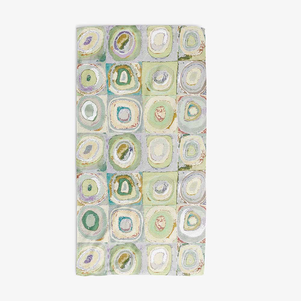 Green, yellow, and gray artistic abstract patterned bath towel.