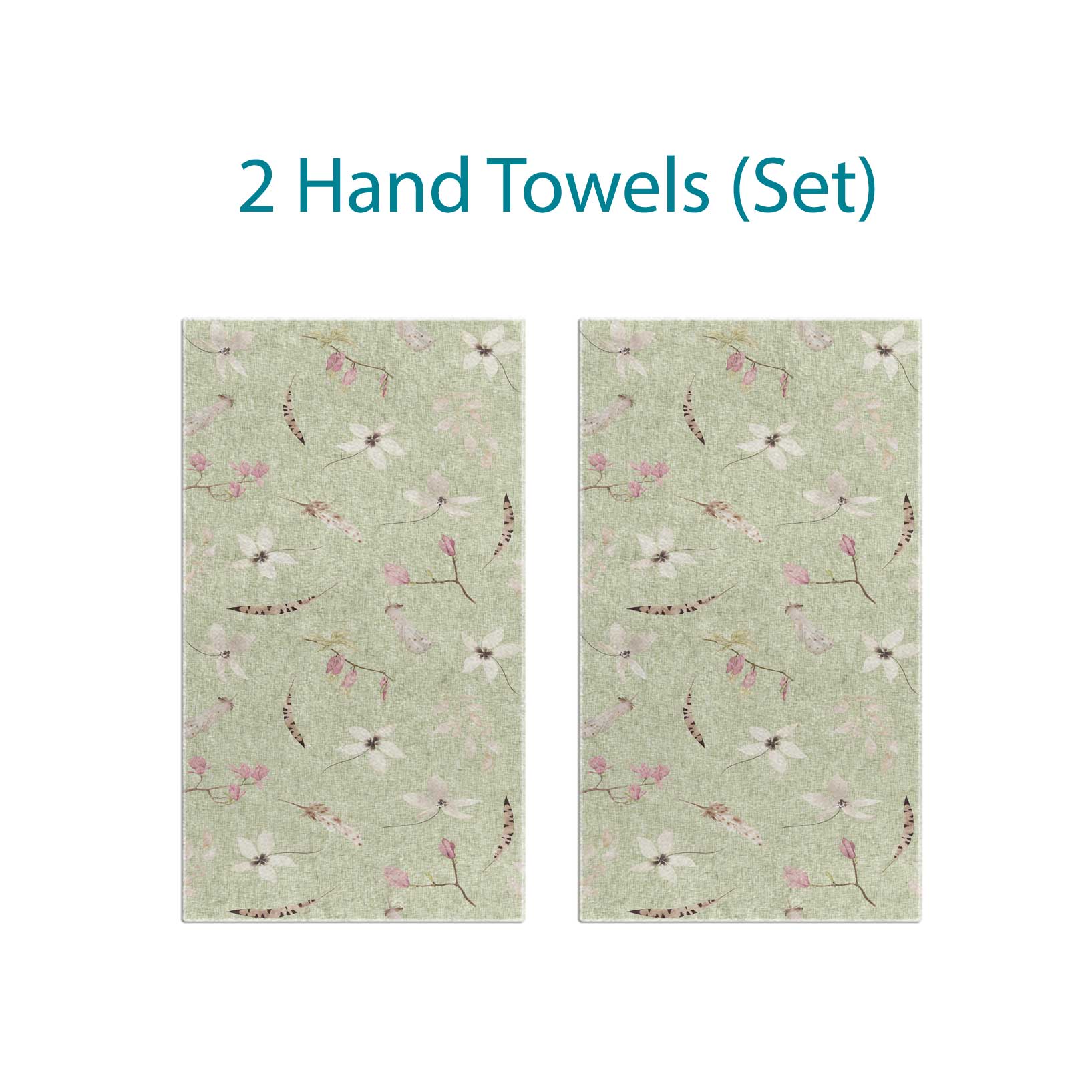Two hand towels set with gorgeous sage green boho floral pressed flower pattern.