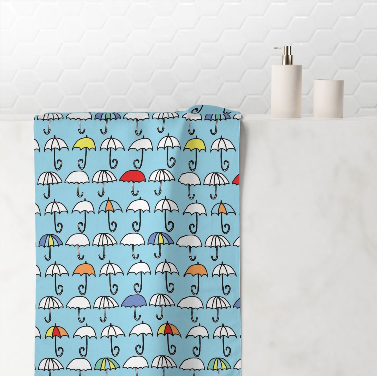 kids blue hand towel with colorful umbrella pattern