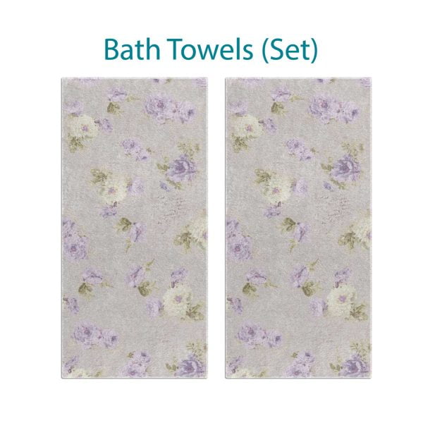 Gray Bath Towel Set With Shabby Chic Style lavender Purple Blurred Rose Floral Pattern