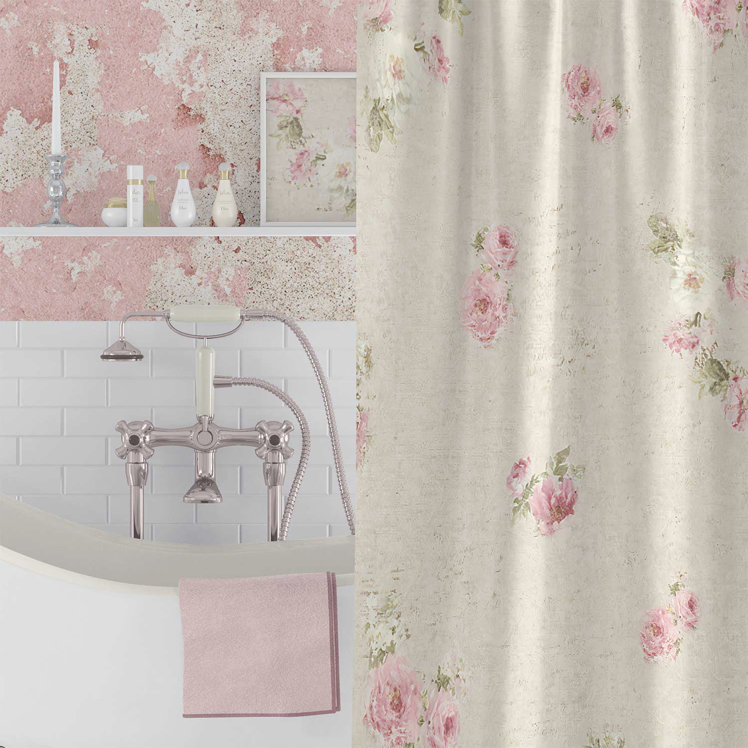 Close-up of artistic rose floral shower curtain.