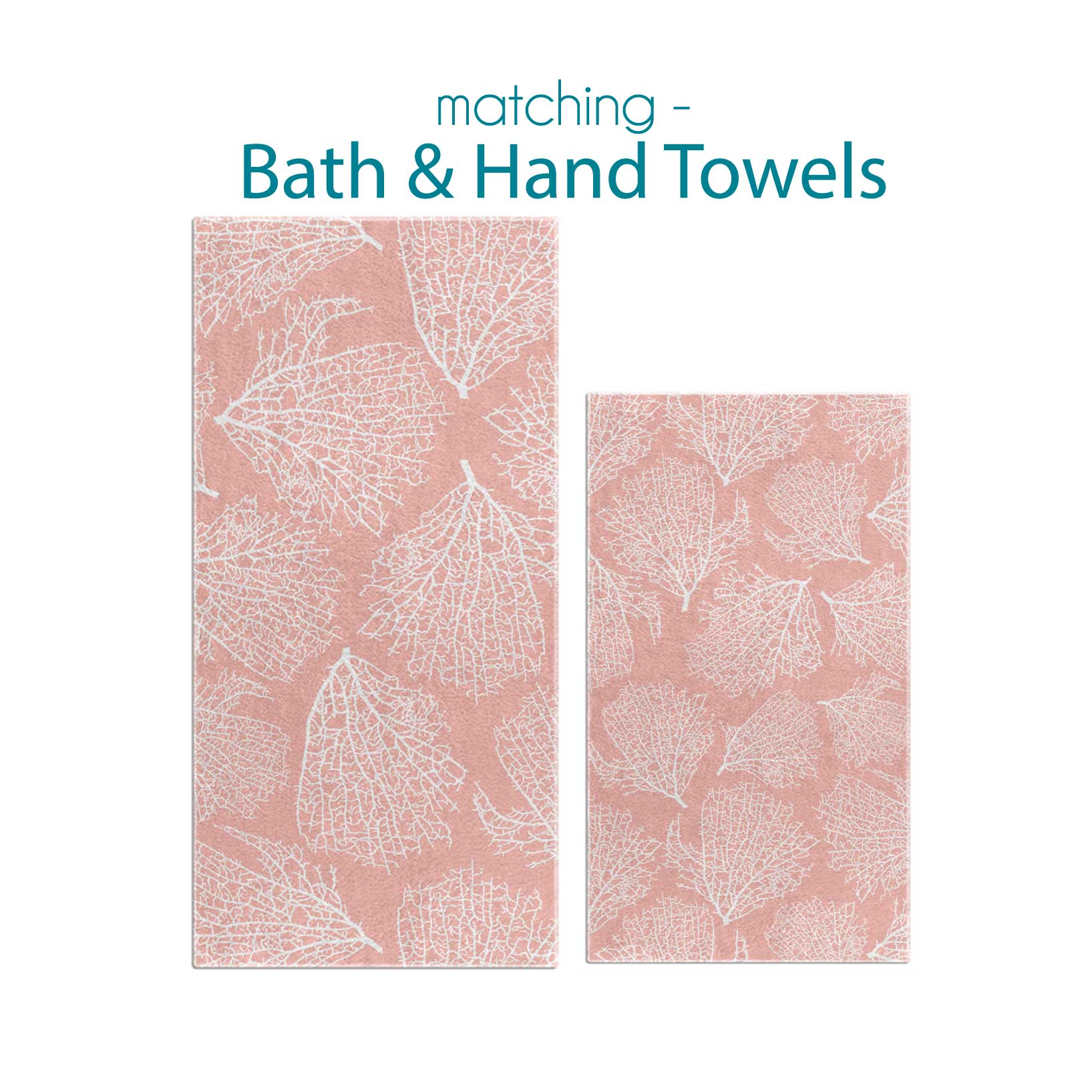 Bath and hand towel set with elegant tropical coral pink pattern.