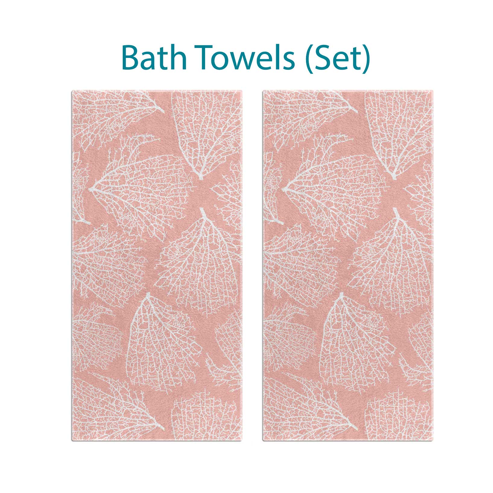 Bath towel set with elegant tropical coral pink pattern.