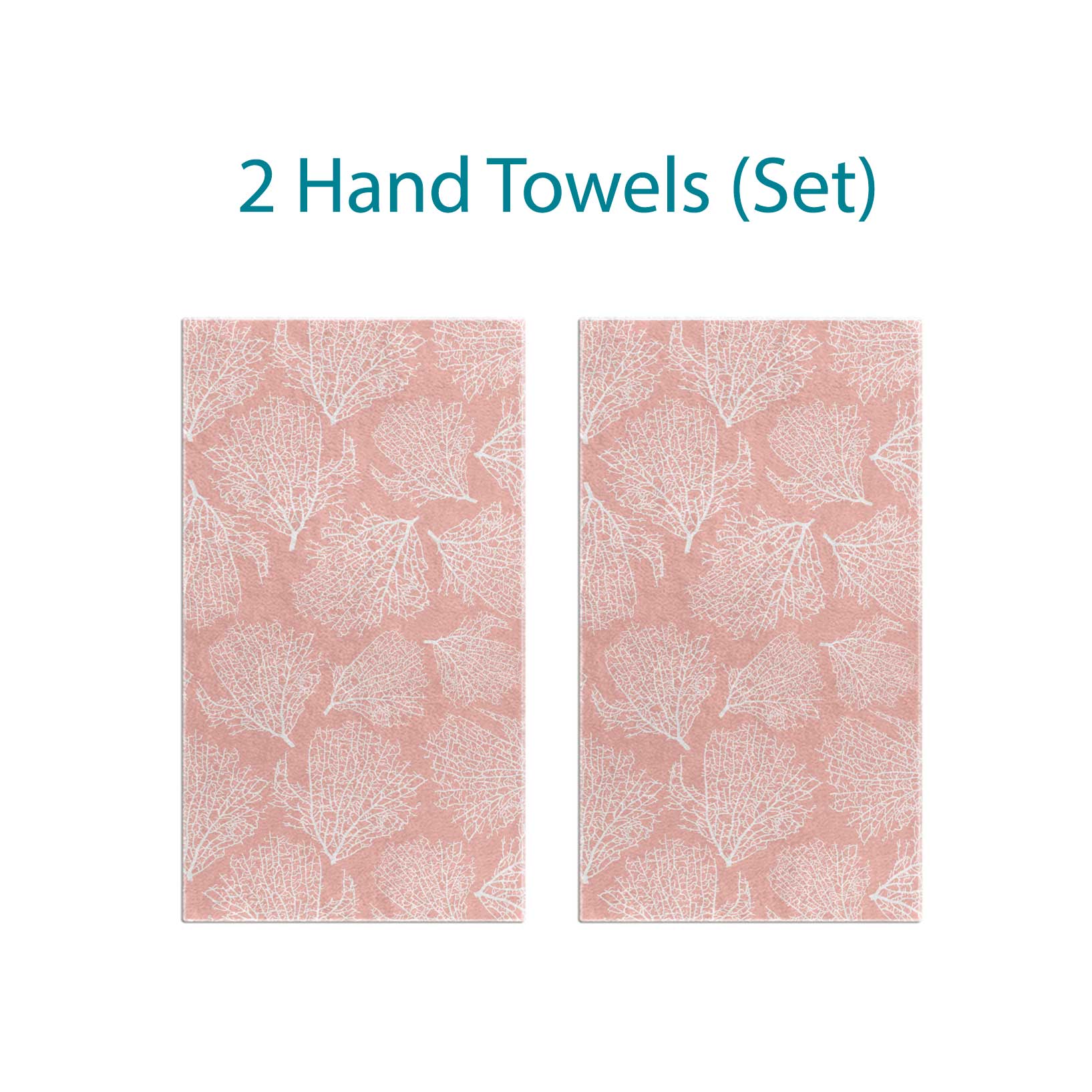 Two hand towels set with elegant tropical coral pink pattern.