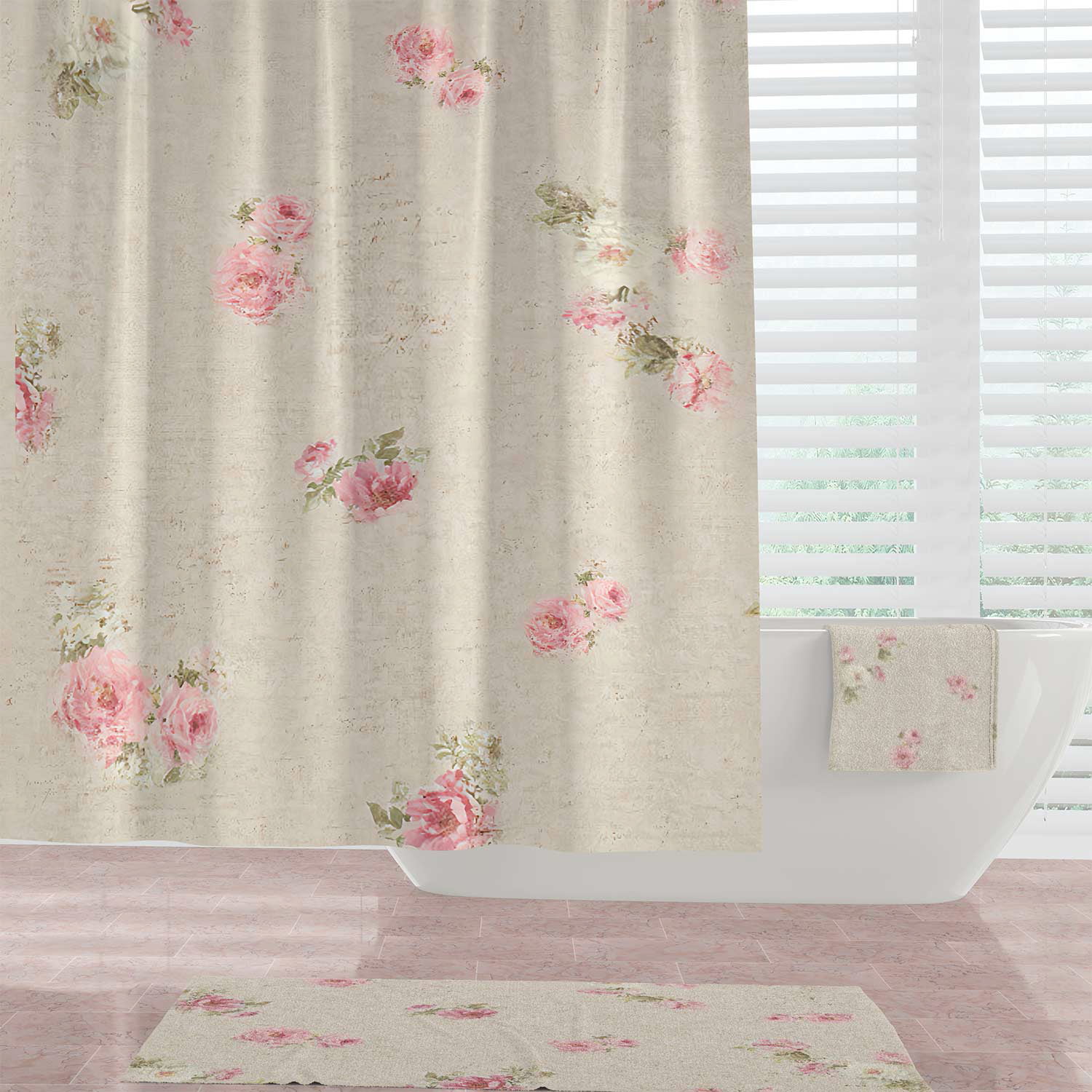 Front view of farmhouse shower curtain with blurred rose floral design.