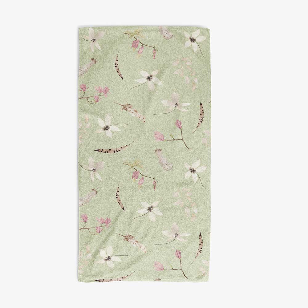 Bath towel with gorgeous sage green boho floral pressed flower pattern.