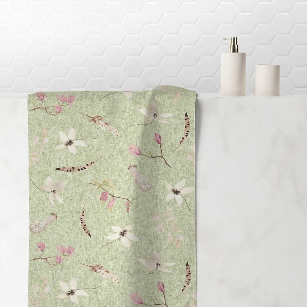 Hand towel with gorgeous sage green boho floral pressed flower pattern.