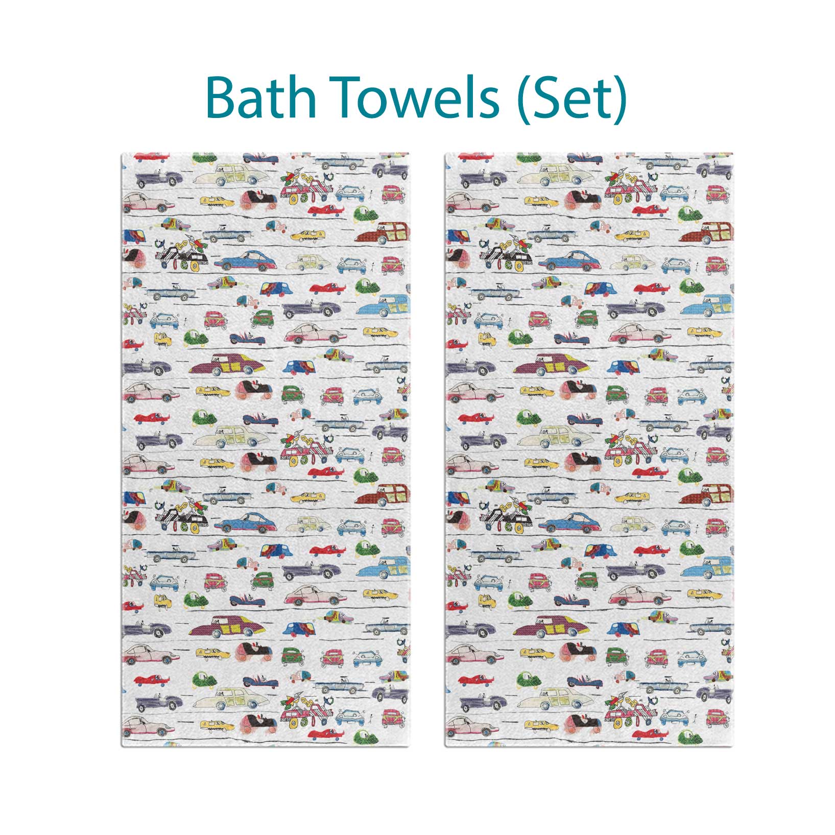 Bath towel set adorned with whimsical colorful car illustrations.